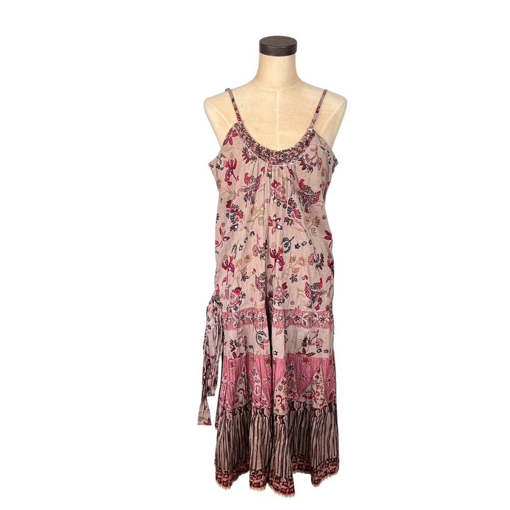 Y2K Phool Cotton Boho Floral Dark Fairy Tiered Sequin Midi Dress Medium